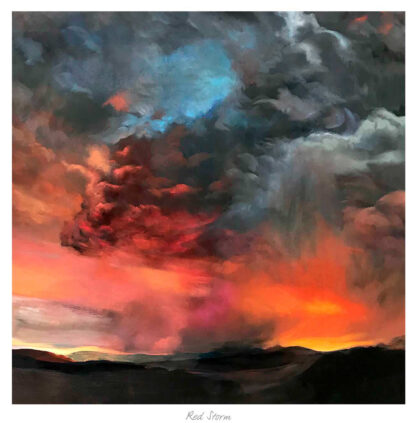 An expressive painting depicting a dramatic sky with a red and orange sunset amidst dark storm clouds, By Margaret Evans