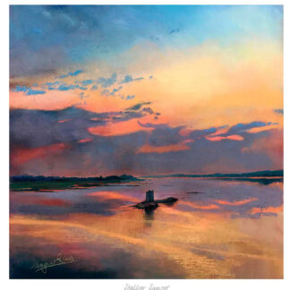 A colorful painting depicting a sunset over a calm body of water with clouds and a solitary silhouette of a small boat. By Margaret Evans