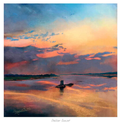 A colorful painting depicting a sunset over a calm body of water with clouds and a solitary silhouette of a small boat. By Margaret Evans