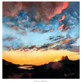 A vibrant painting of a sunset with colorful clouds over a silhouetted landscape and water, titled 'Suliven Shadows' by Moy Mackay. By Margaret Evans