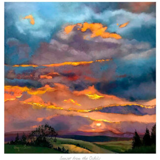 A vibrant painting of a sunset with colorful clouds and a landscape silhouette below. By Margaret Evans