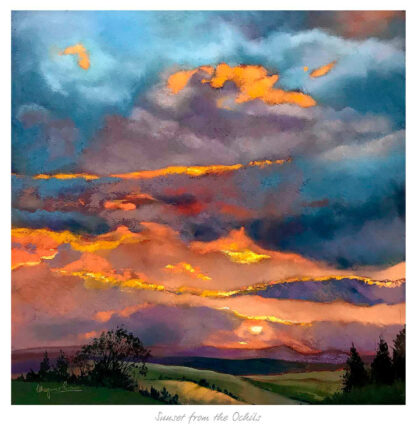 A vibrant painting of a sunset with colorful clouds and a landscape silhouette below. By Margaret Evans