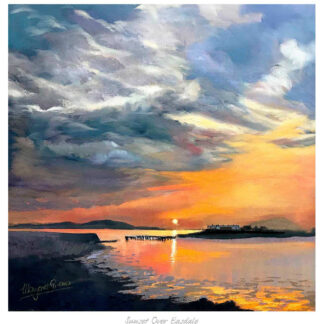 A painting of a sunset over a body of water with clouds in the sky and a silhouette of land and a pier on the horizon. By Margaret Evans