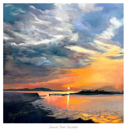 A painting of a sunset over a body of water with clouds in the sky and a silhouette of land and a pier on the horizon. By Margaret Evans