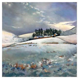 A painting of a snowy landscape with a small cluster of houses on a rise under a cloudy sky. By Margaret Evans