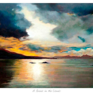 A serene landscape painting depicting a cloudy sky with a break allowing sunlight to reflect off the water, with mountains in the background. By Margaret Evans