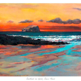 A colorful seascape painting featuring a sunset, ocean waves, and a large rock formation in the distance. By Margaret Evans