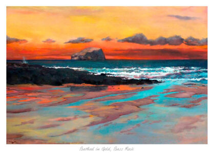 A colorful seascape painting featuring a sunset, ocean waves, and a large rock formation in the distance. By Margaret Evans
