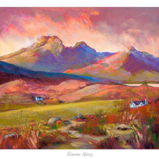 A vibrant painting of a rural landscape with mountains in the background under a colorful sky, featuring cottages and scattered sheep. By Margaret Evans