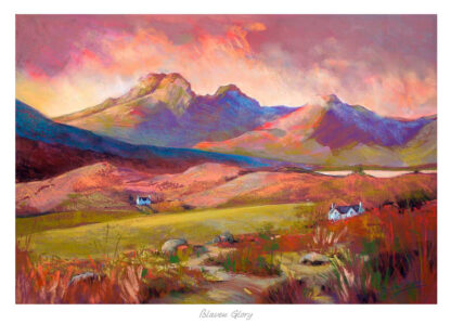A vibrant painting of a rural landscape with mountains in the background under a colorful sky, featuring cottages and scattered sheep. By Margaret Evans
