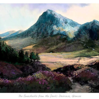 A colorful painting of The Buachaille mountain from the Devil's Staircase, Glencoe, with vibrant flora in the foreground and a mountain in the background. By Margaret Evans