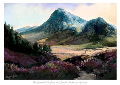 A colorful painting of The Buachaille mountain from the Devil's Staircase, Glencoe, with vibrant flora in the foreground and a mountain in the background. By Margaret Evans