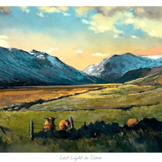 A scenic painting of two sheep beside a fence in a valley with mountains in the background during dusk. By Margaret Evans