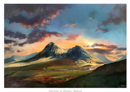 A vibrant painting of a mountainous landscape with dramatic clouds at sunset, titled 'Stairway to Heaven, Glencoe.' By Margaret Evans