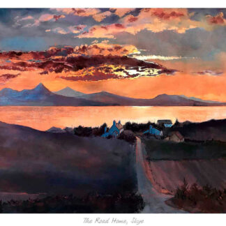 A painting depicting a road leading to a few houses with mountains in the background under a colorful sunset sky. By Margaret Evans