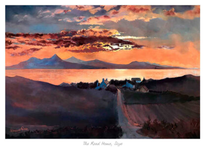 A painting depicting a road leading to a few houses with mountains in the background under a colorful sunset sky. By Margaret Evans