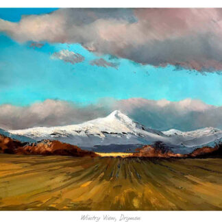 A colorful painting of a snow-capped mountain under a dramatic sky with expansive fields in the foreground. By Margaret Evans