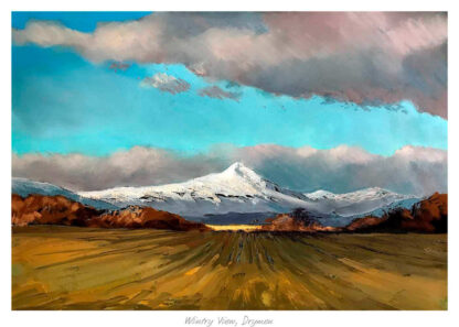 A colorful painting of a snow-capped mountain under a dramatic sky with expansive fields in the foreground. By Margaret Evans