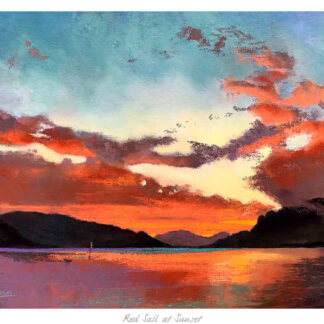 A colorful painting depicting a vibrant sunset over a calm water body with mountains in the background and a small sail on the horizon. By Margaret Evans