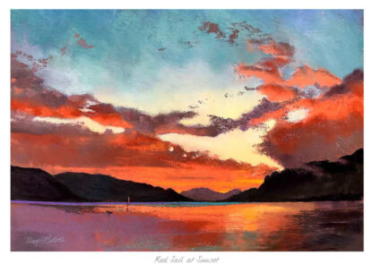 A colorful painting depicting a vibrant sunset over a calm water body with mountains in the background and a small sail on the horizon. By Margaret Evans