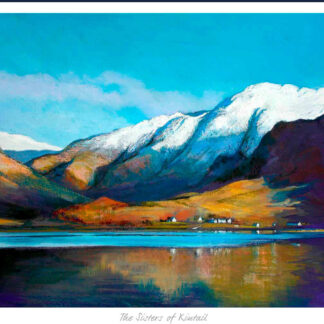 A vibrant painting depicting a mountainous landscape with snow-capped peaks, vibrant blue skies, and a reflective body of water in the foreground. By Margaret Evans