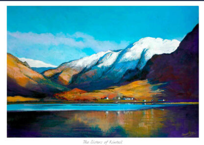 A vibrant painting depicting a mountainous landscape with snow-capped peaks, vibrant blue skies, and a reflective body of water in the foreground. By Margaret Evans