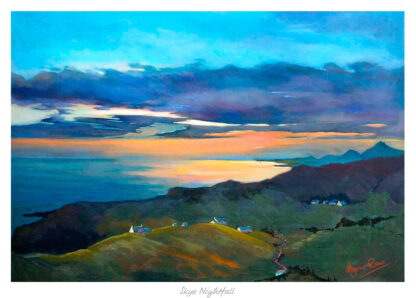 A vibrant painting depicting a coastal landscape at dusk with illuminated houses and a colorful sky. By Margaret Evans