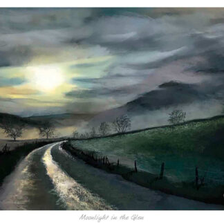 A painting titled 'Moonlight in the Glen' depicting a moonlit landscape with a road, trees, and misty hills under a night sky. By Kate Philp
