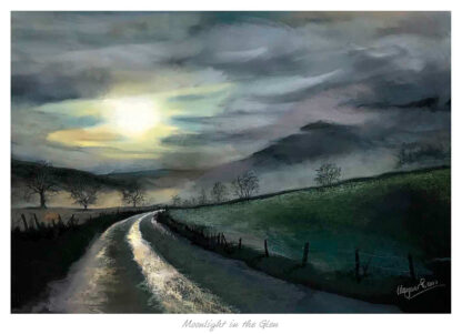 A painting titled 'Moonlight in the Glen' depicting a moonlit landscape with a road, trees, and misty hills under a night sky. By Kate Philp