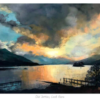 A painting depicting a dramatic sunset over Loch Earn with silhouetted mountains and a reflective body of water. By Kate Philp
