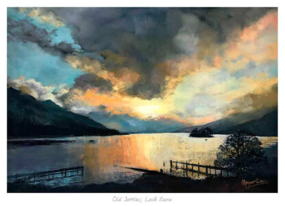 A painting depicting a dramatic sunset over Loch Earn with silhouetted mountains and a reflective body of water. By Kate Philp