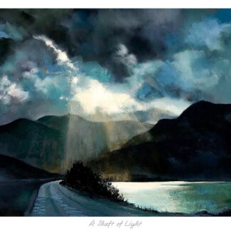 A painting of a scenic road by a lake with sunbeams piercing through dark clouds over mountains. By Kate Philp