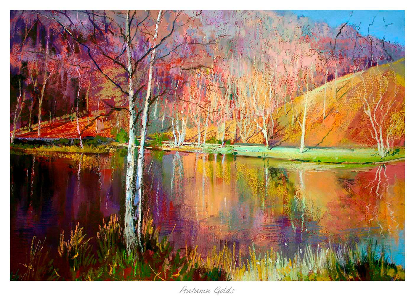 The image depicts a vibrant, colorful impressionist-style painting of a serene landscape with trees, a body of water, and reflections. By Kate Philp