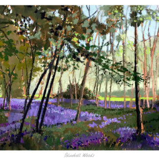 An impressionist-style painting of a serene wooded area with patches of bluebell flowers under the forest canopy. By Kate Philp