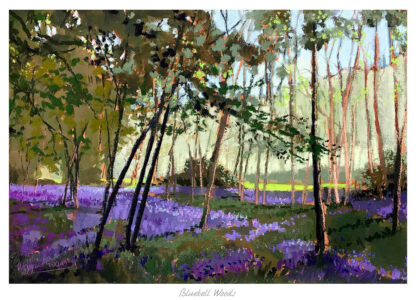 An impressionist-style painting of a serene wooded area with patches of bluebell flowers under the forest canopy. By Kate Philp