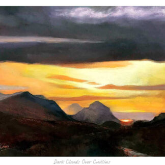 A painting depicting dark clouds over a mountainous landscape with a strip of warm sunset colors. By Kate Philp