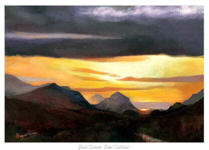 A painting depicting dark clouds over a mountainous landscape with a strip of warm sunset colors. By Kate Philp