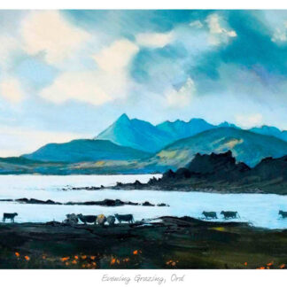 A painting of cattle grazing near a lake with mountains in the background under a cloudy sky. By Margaret Evans