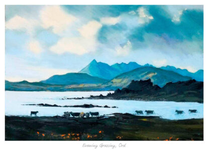 A painting of cattle grazing near a lake with mountains in the background under a cloudy sky. By Margaret Evans