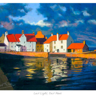 A colorful painting depicting a row of white houses with red roofs by the waterfront under a dramatic sky. By Kate Philp