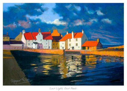 A colorful painting depicting a row of white houses with red roofs by the waterfront under a dramatic sky. By Kate Philp