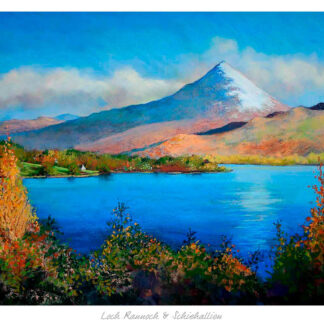 A vibrant painting depicting a scenic landscape with a snow-capped mountain overlooking a lake and surrounded by colorful foliage. By Margaret Evans