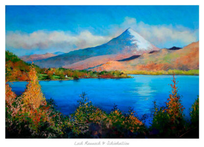 A vibrant painting depicting a scenic landscape with a snow-capped mountain overlooking a lake and surrounded by colorful foliage. By Margaret Evans