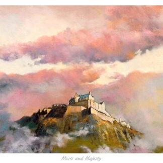 The image depicts a painting of a majestic castle on a hilltop with a dramatic sky filled with hues of pink and orange clouds. By Margaret Evans