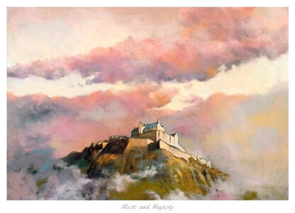 The image depicts a painting of a majestic castle on a hilltop with a dramatic sky filled with hues of pink and orange clouds. By Margaret Evans