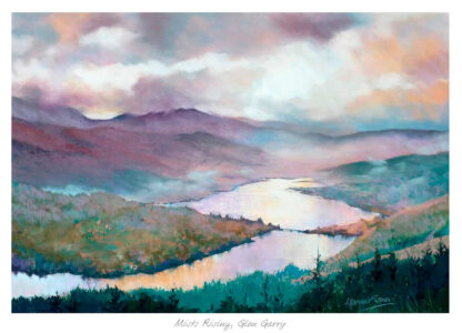 A colorful painting of a misty landscape featuring a river flowing through valleys with lush greenery and a cloudy sky. By Margaret Evans