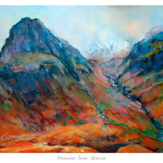 A vibrant, colorful painting of a mountainous landscape with a signature in the lower left corner and a title 'November Snow, Glencoe' at the bottom. By Margaret Evans