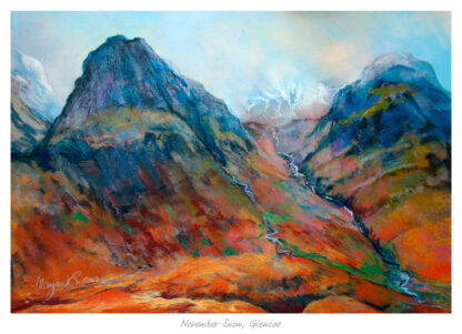 A vibrant, colorful painting of a mountainous landscape with a signature in the lower left corner and a title 'November Snow, Glencoe' at the bottom. By Margaret Evans