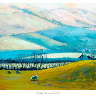 A vibrant painting depicting a pastoral scene with sheep grazing on the foreground and a farmhouse amidst rolling hills under a blue sky. By Margaret Evans