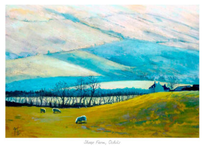 A vibrant painting depicting a pastoral scene with sheep grazing on the foreground and a farmhouse amidst rolling hills under a blue sky. By Margaret Evans